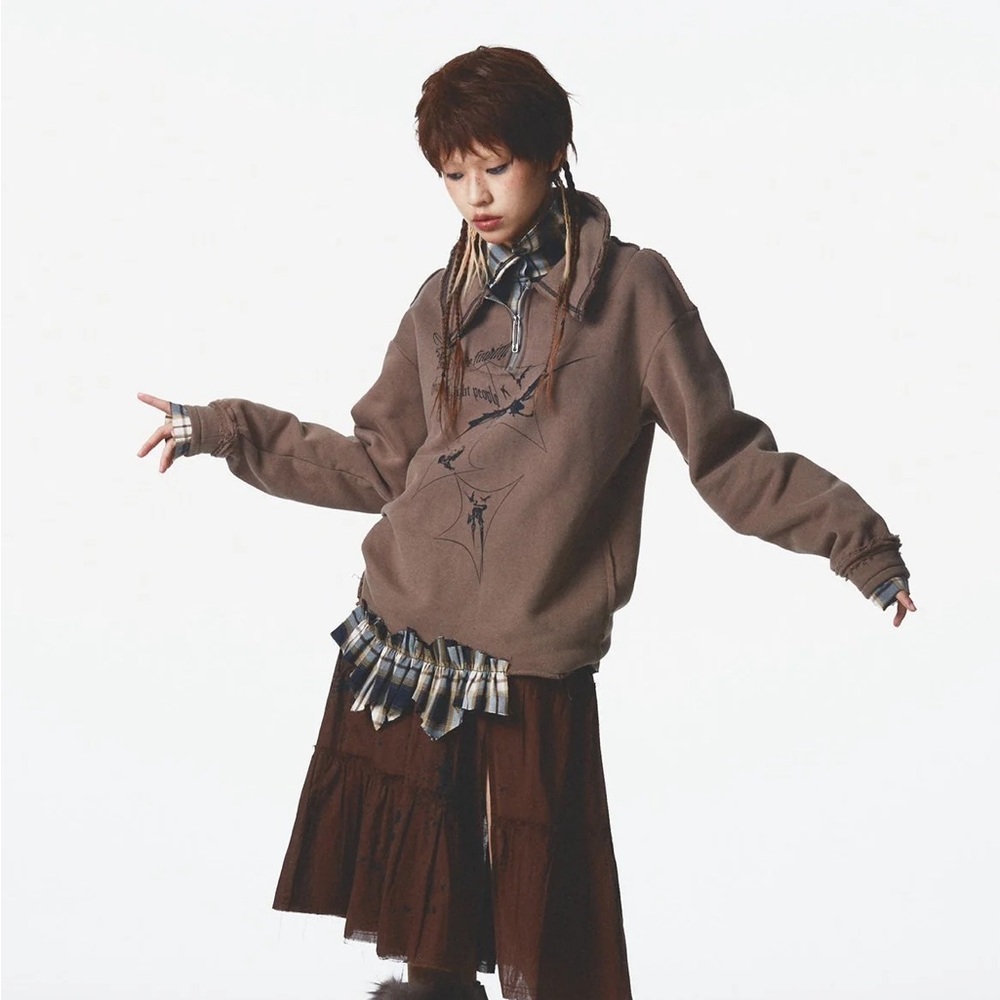 NONAME SPACE Y2K Grunge Fleece Plaid Stitching Graphic Pullover Sweatshirt M